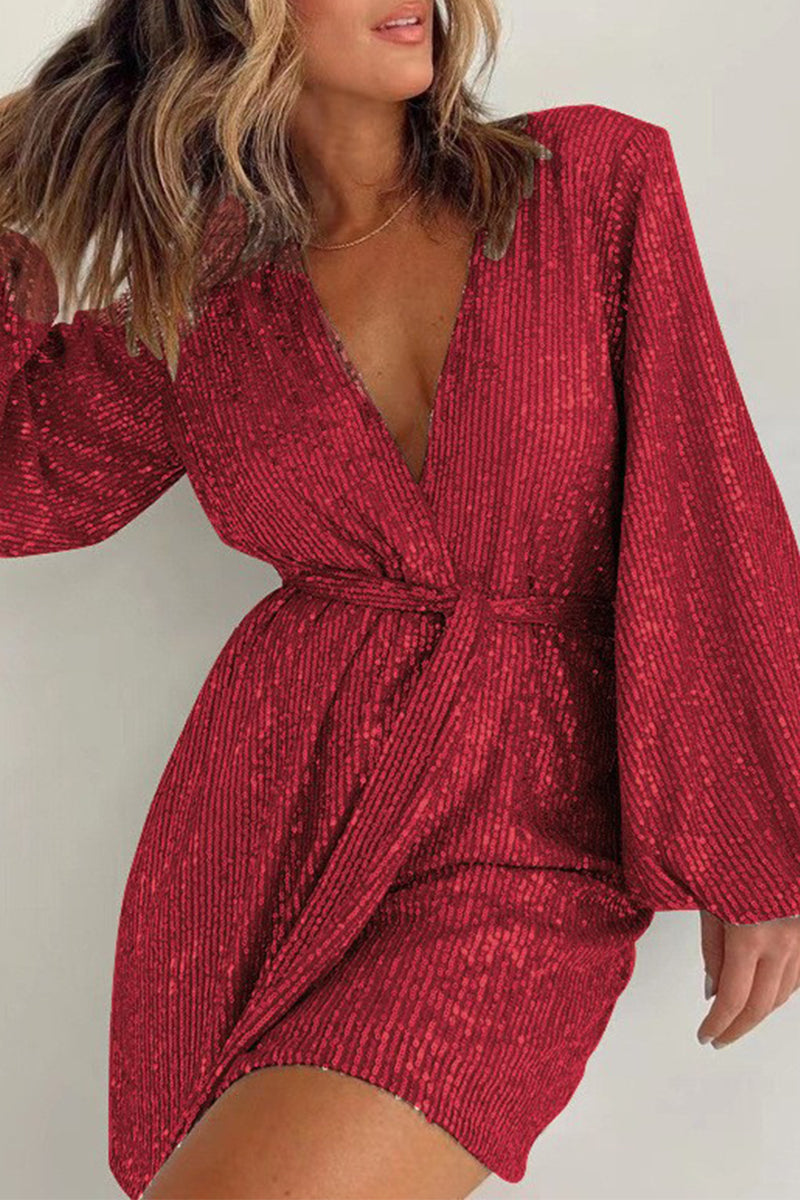 Solid Bandage Sequins V Neck Loose Rompers Red