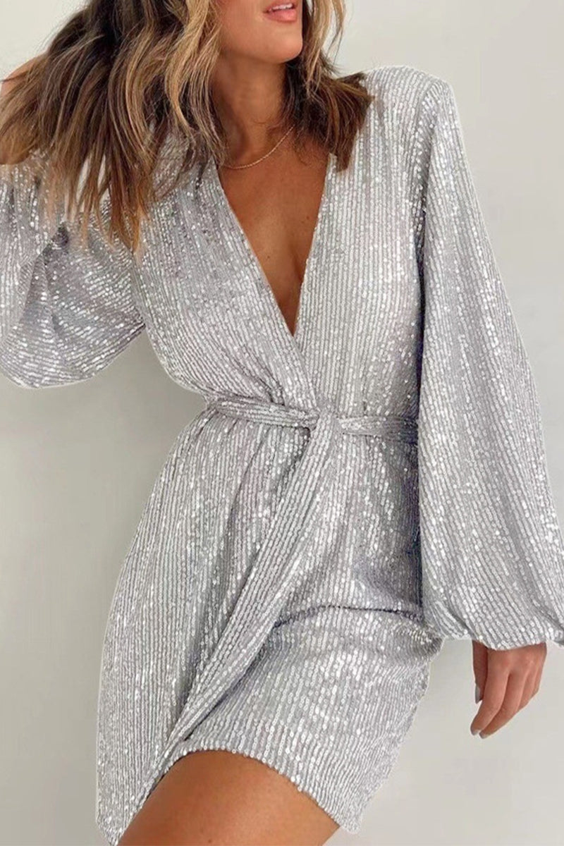 Solid Bandage Sequins V Neck Loose Rompers Silver White