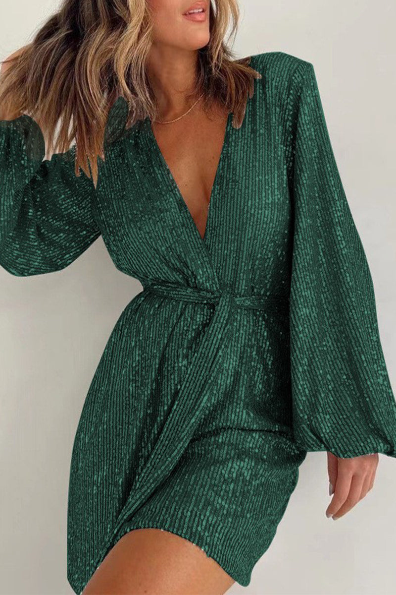 Solid Bandage Sequins V Neck Loose Rompers Ink Green