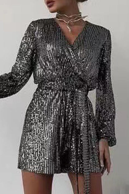 Solid Bandage Sequins V Neck Loose Rompers