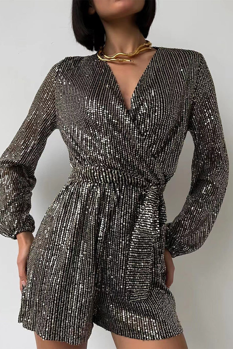 Solid Bandage Sequins V Neck Loose Rompers Black Silver