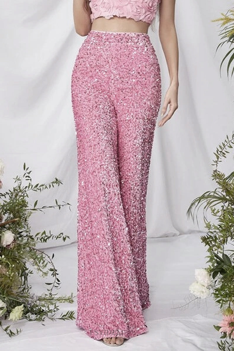 Celebrities Elegant Solid Sequins Loose High Waist Wide Leg Solid Color Bottoms Pink