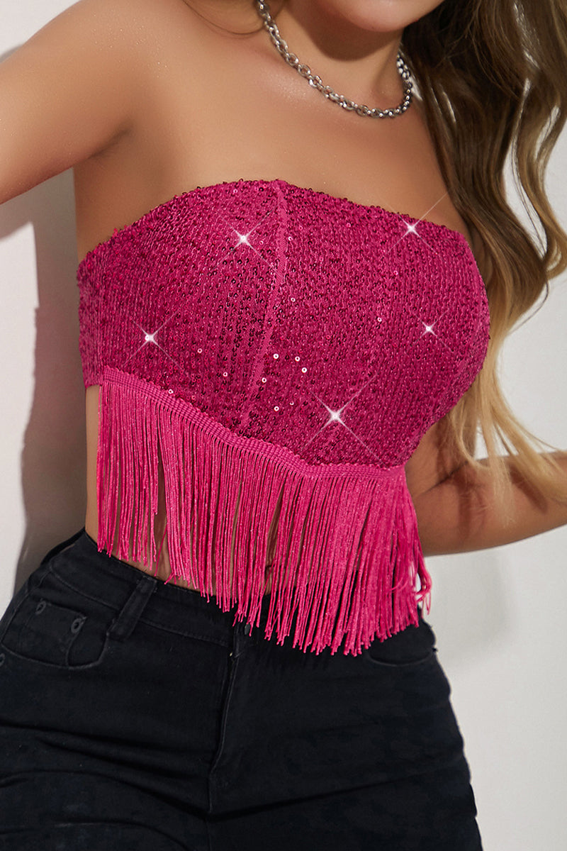 Sexy Solid Tassel Sequins With Bow Strapless Tops