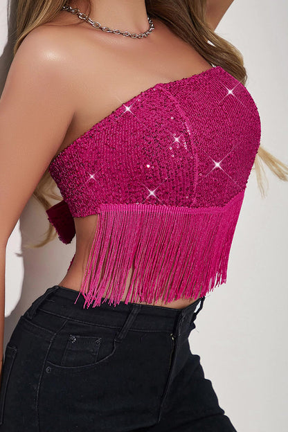 Sexy Solid Tassel Sequins With Bow Strapless Tops