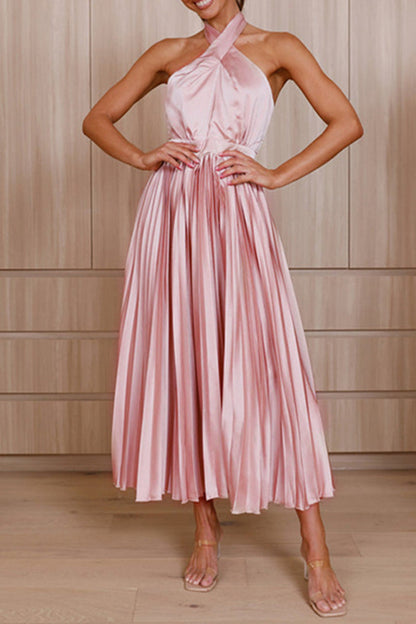 Elegant Solid Fold Halter Dresses Pink