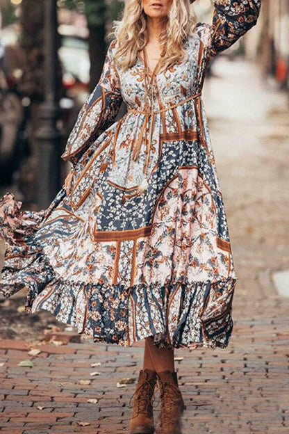 Bohemian Vintage Floral Frenulum V Neck Printed Dress Dresses Multicolor