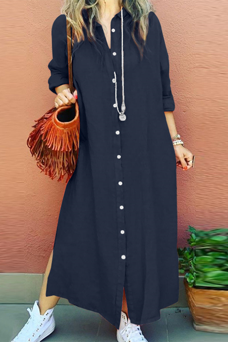 Casual Simplicity Solid Buckle Turndown Collar Shirt Dress Dresses Deep Blue