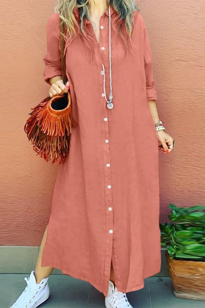 Casual Simplicity Solid Buckle Turndown Collar Shirt Dress Dresses Pink