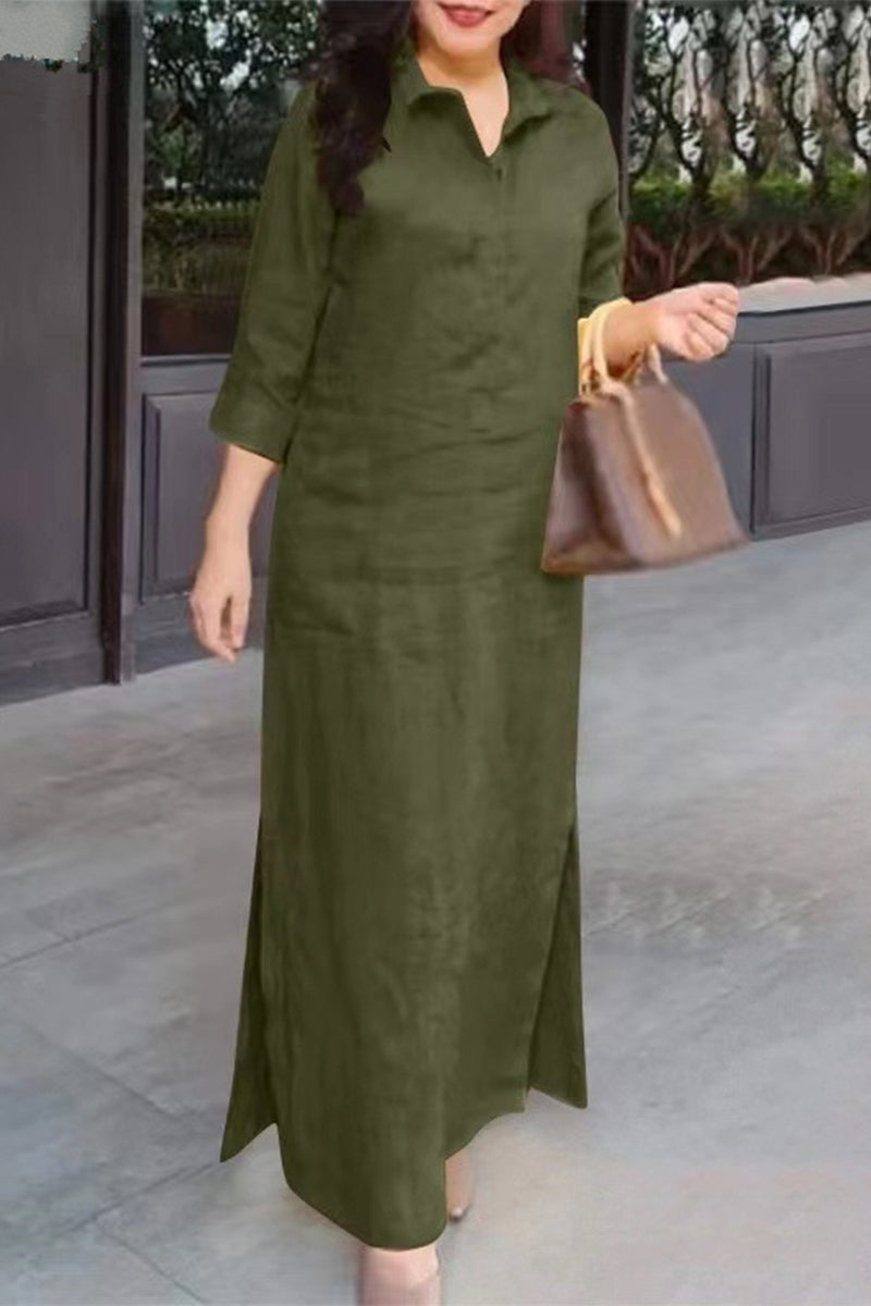 Casual Simplicity Solid Pocket Turndown Collar Shirt Dress Dresses Green