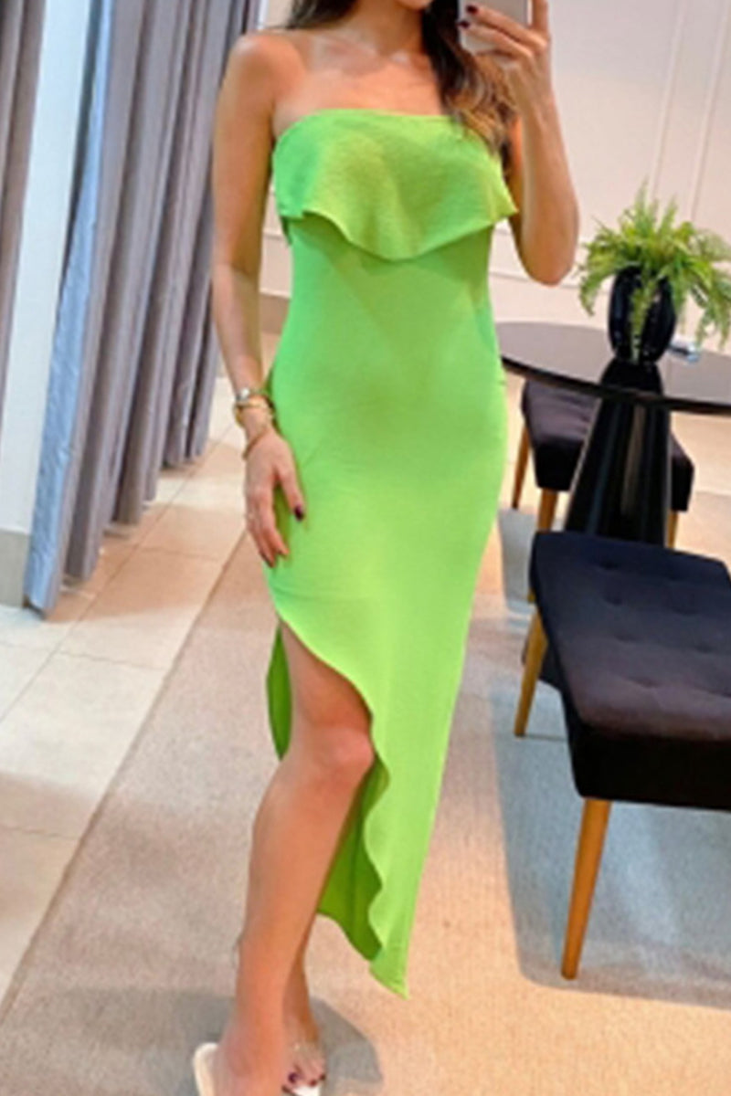 Sweet Elegant Solid Flounce Asymmetrical Strapless Wrapped Skirt Dresses Light Green