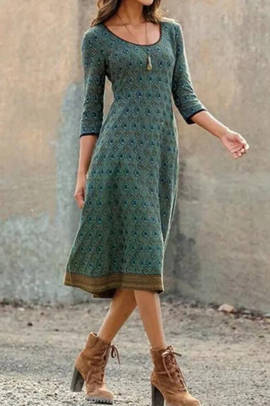 Casual Vintage Geometric Print O Neck A Line Dresses Green