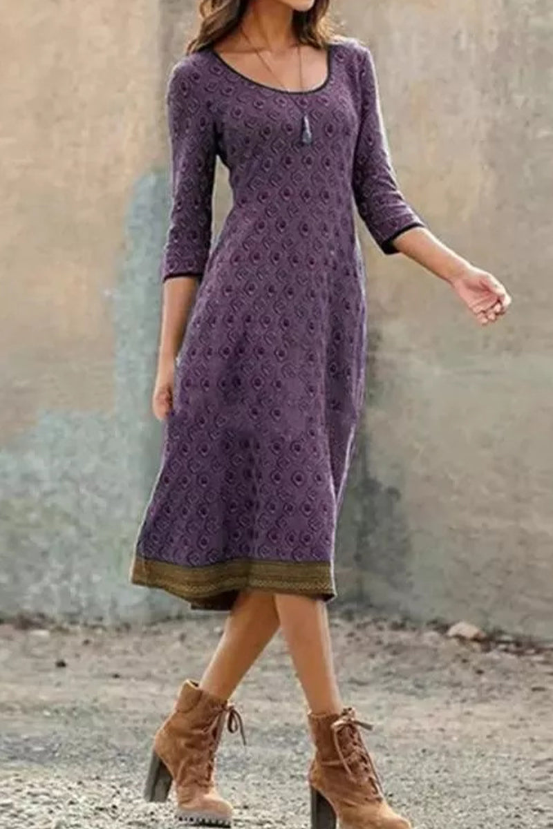 Casual Vintage Geometric Print O Neck A Line Dresses Dark Purple