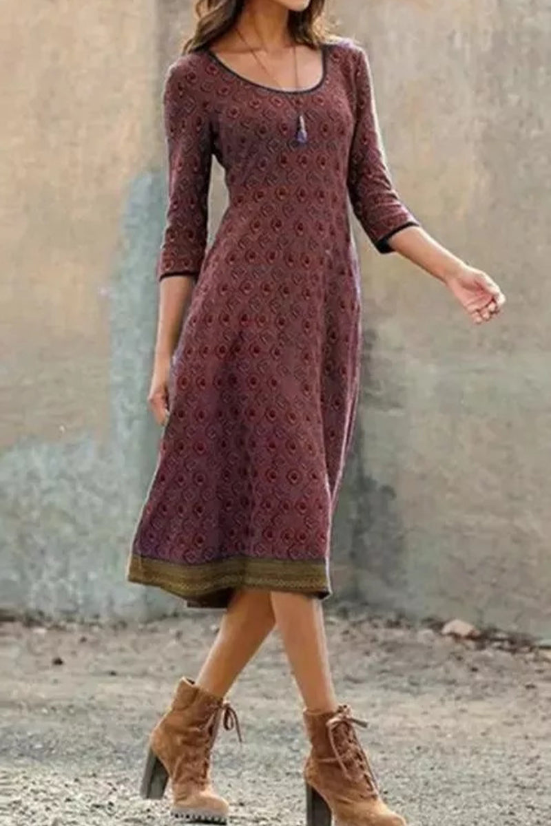 Casual Vintage Geometric Print O Neck A Line Dresses Brown