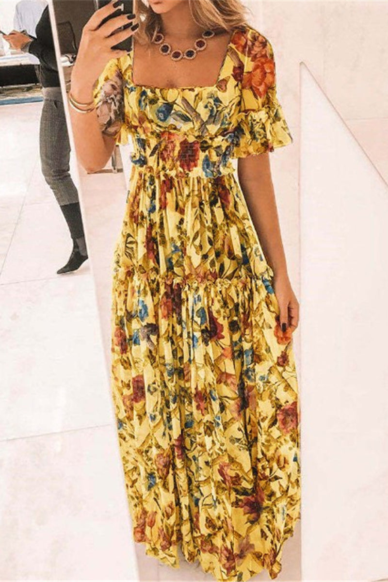 Elegant Floral Stringy Selvedge Square Collar Printed Dress Dresses Yellow