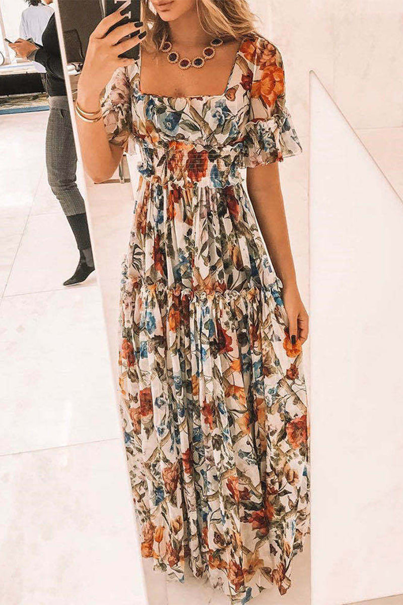 Elegant Floral Stringy Selvedge Square Collar Printed Dress Dresses Apricot