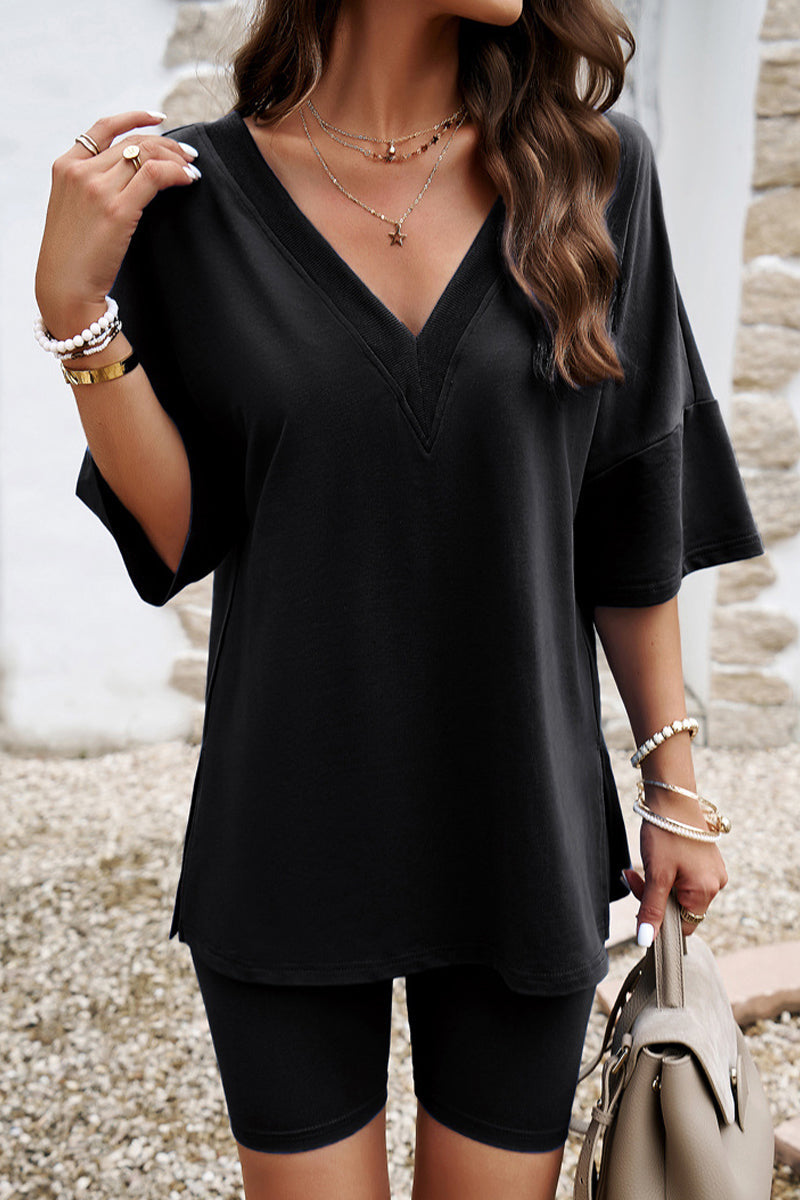 Casual Solid V Neck Half Sleeve Two Pieces Black