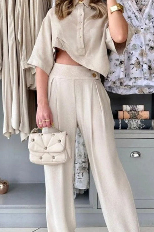 Casual Daily Solid Buttons Asymmetrical Turndown Collar Half Sleeve Two Pieces Light Gray