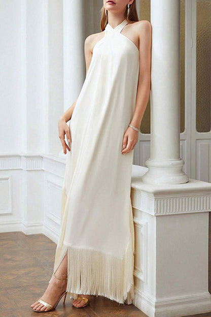 Sexy Solid Tassel Halter Sleeveless Dress Dresses