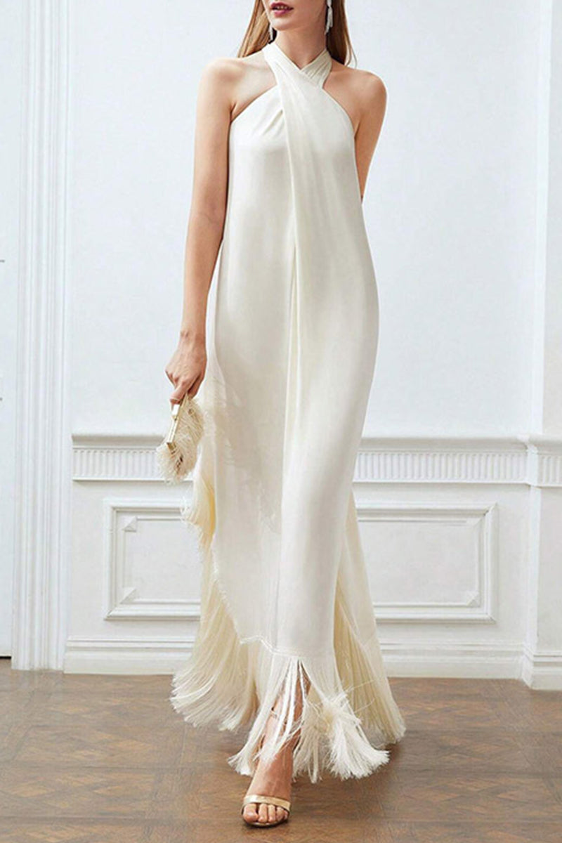 Sexy Solid Tassel Halter Sleeveless Dress Dresses Cream White