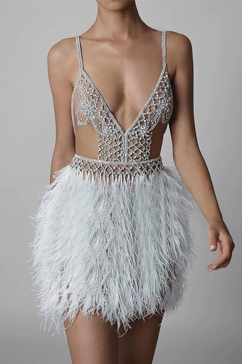 Sexy Party Hollowed Out Feathers V Neck Evening Dress Dresses