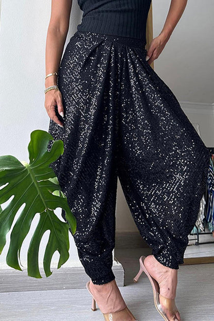 Casual Solid Sequins Sequined Loose High Waist Lantern Solid Color Bottoms Black