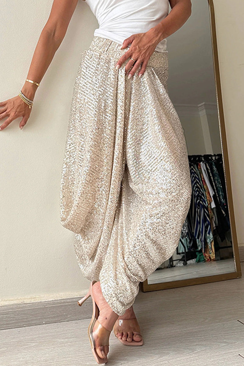 Casual Solid Sequins Sequined Loose High Waist Lantern Solid Color Bottoms Champagne