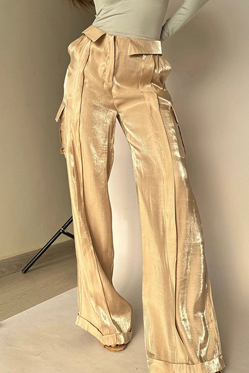 Casual Gradual Change Pocket Loose Mid Waist Straight Bottoms Gold