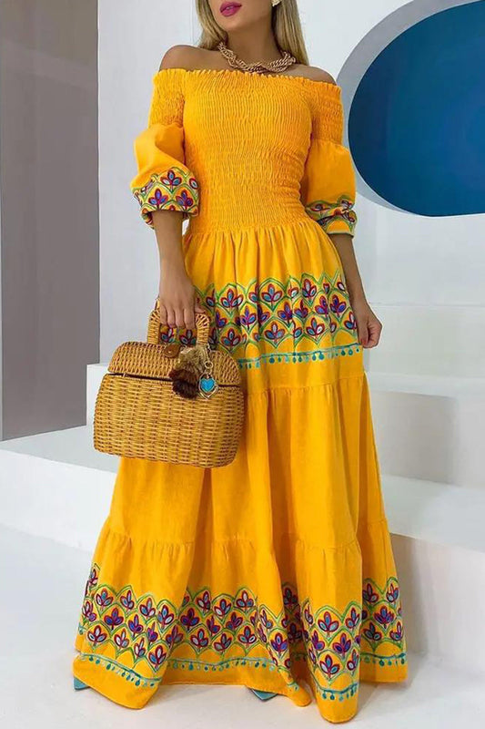 Bohemian Geometric Print Off the Shoulder Printed Dress Dresses Yellow