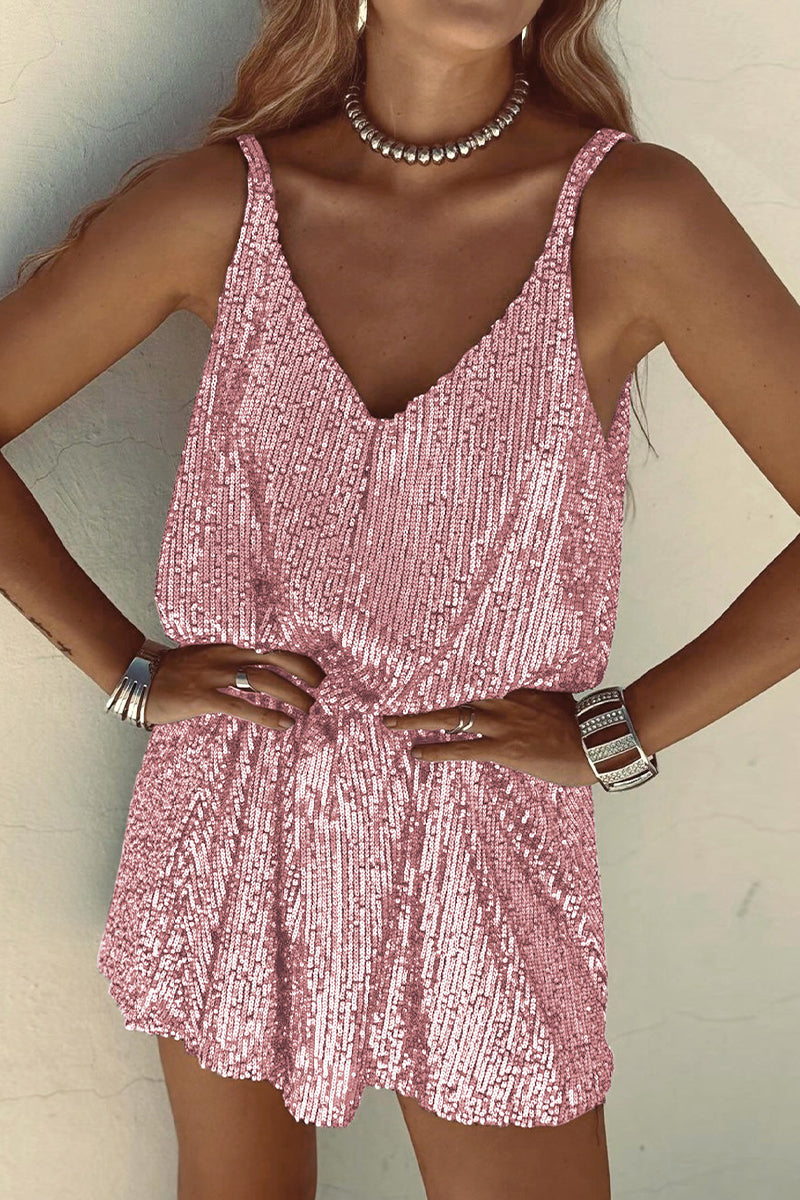 Sexy Solid Sequins V Neck Sling Dress Dresses(6 Colors) Pink