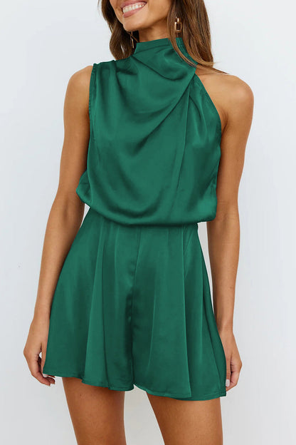 Elegant Solid Fold Halter Rompers Dark Green