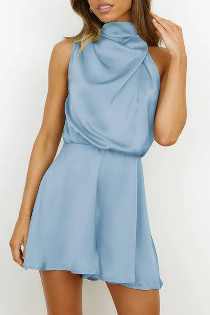 Elegant Solid Fold Halter Rompers Blue