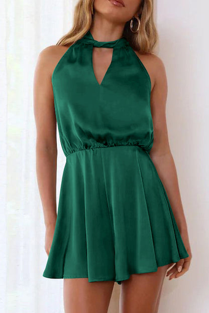 Elegant Solid Bandage Halter Loose Rompers Dark Green