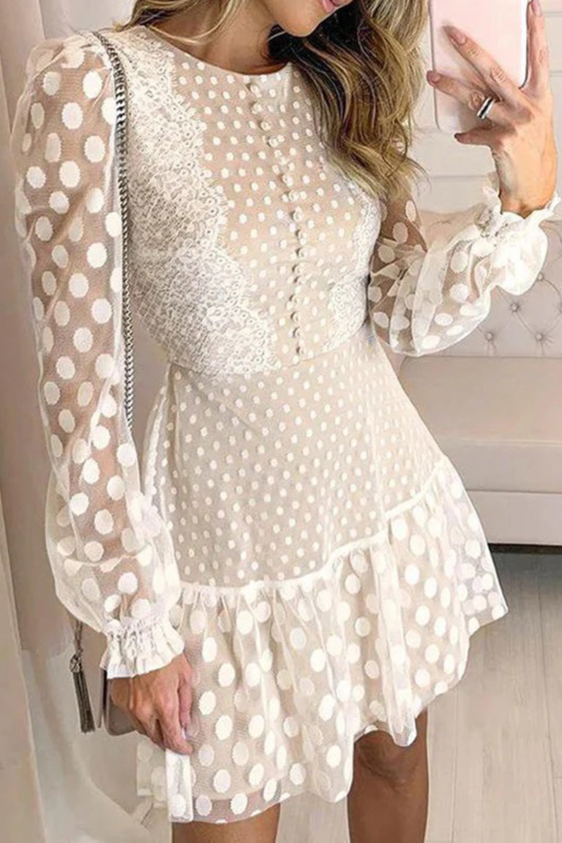 Celebrities Elegant Polka Dot Lace Buttons O Neck Princess Dresses