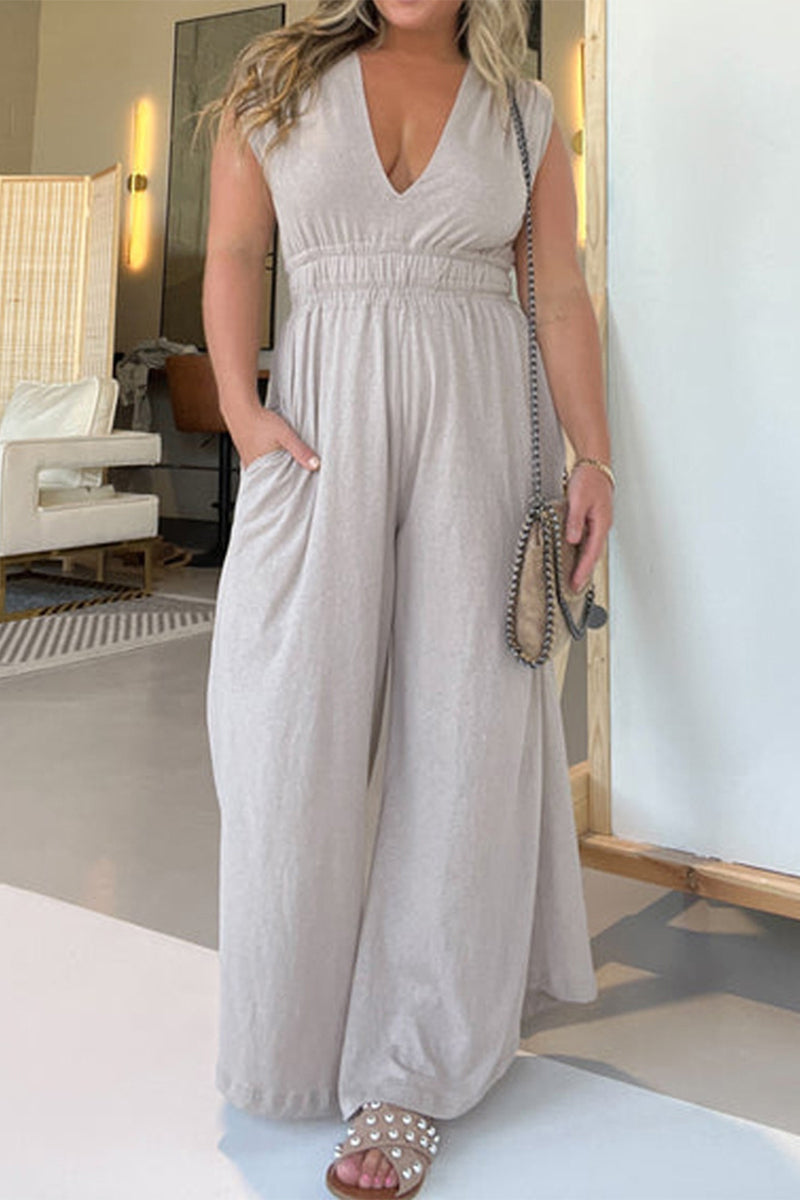 Casual Simplicity Solid Pocket V Neck Loose Jumpsuits Brownness