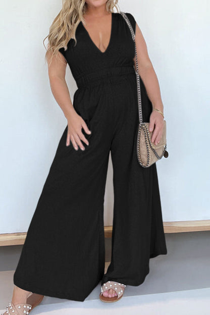 Casual Simplicity Solid Pocket V Neck Loose Jumpsuits Black