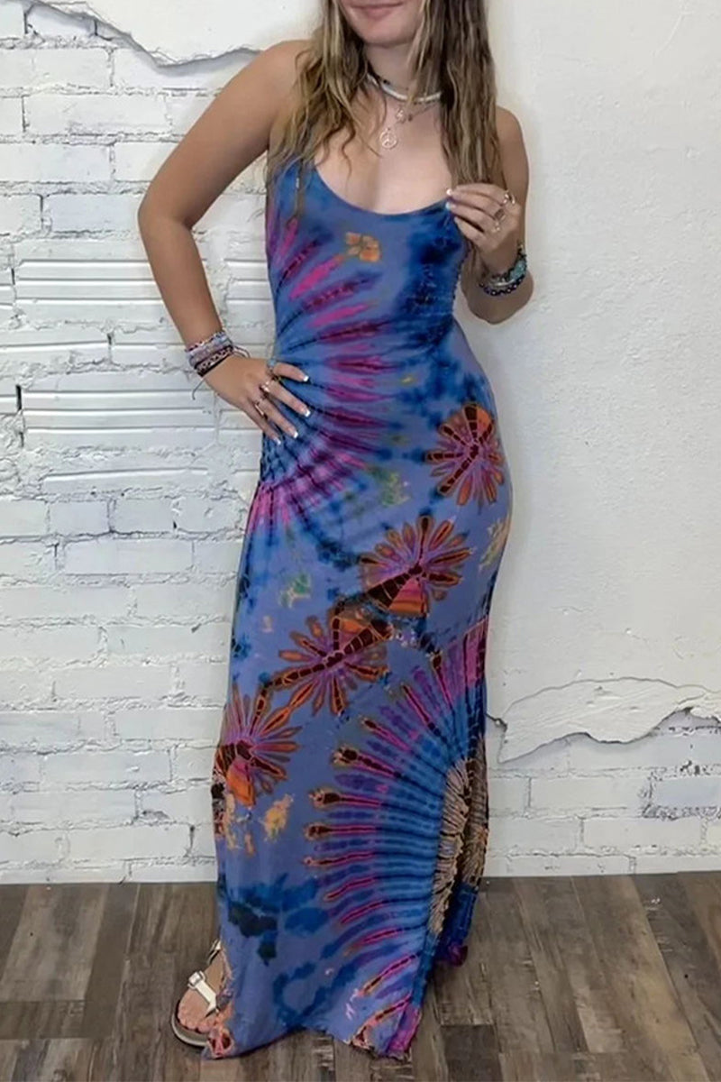 Sexy Vintage Print Tie Dye Backless Slit U Neck Sling Dress Dresses Royal Blue