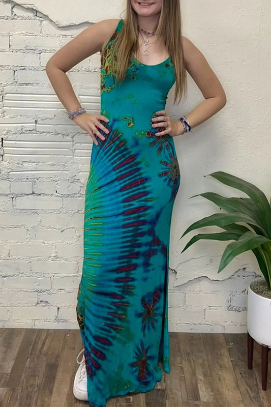 Sexy Vintage Print Tie Dye Backless Slit U Neck Sling Dress Dresses Cyan