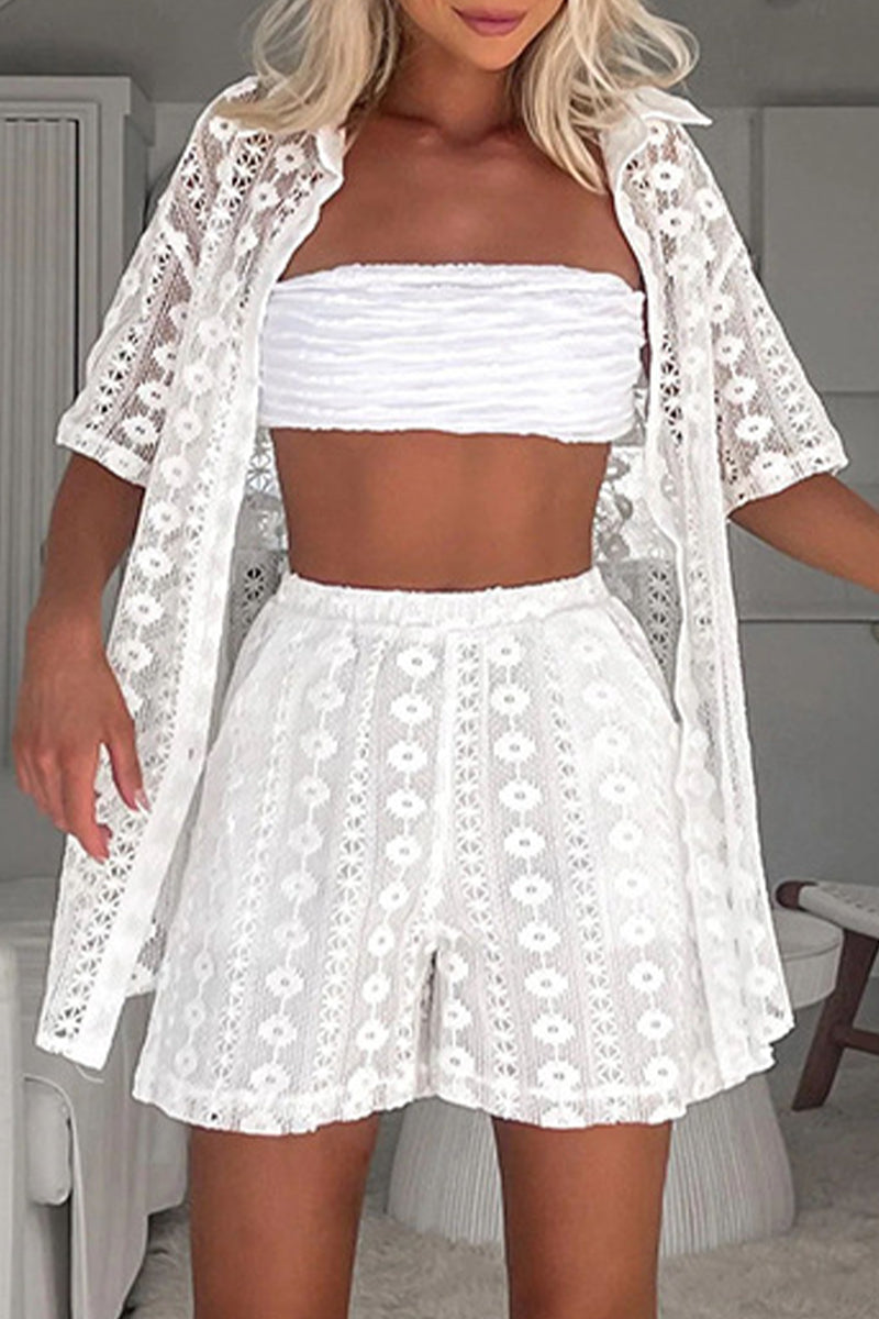 Casual Solid Lace Hollowed Out Turndown Collar Short Sleeve Two Pieces White