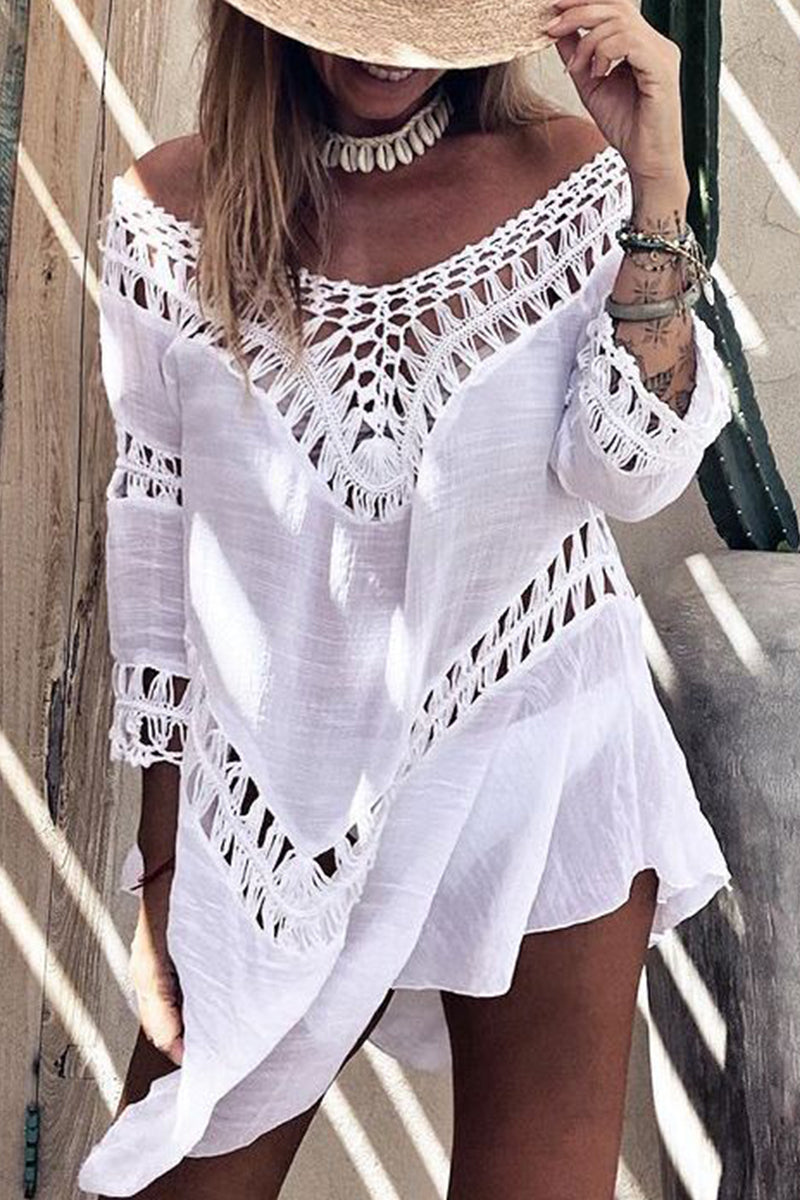 Sexy Vacation Solid Hollowed Out Swimwears Cover Up White One Size