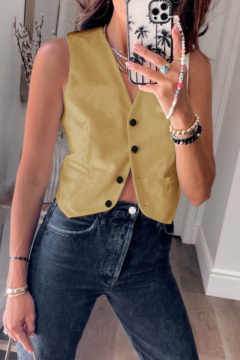 British Style Solid Buckle V Neck Tops Earth Yellow