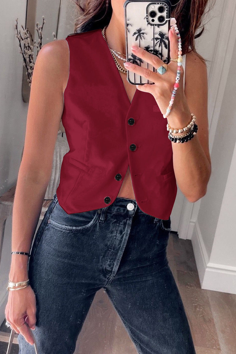 British Style Solid Buckle V Neck Tops Burgundy