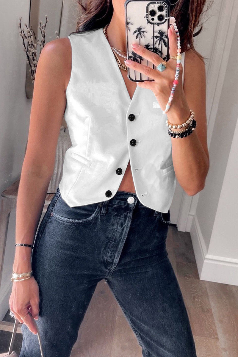 British Style Solid Buckle V Neck Tops White