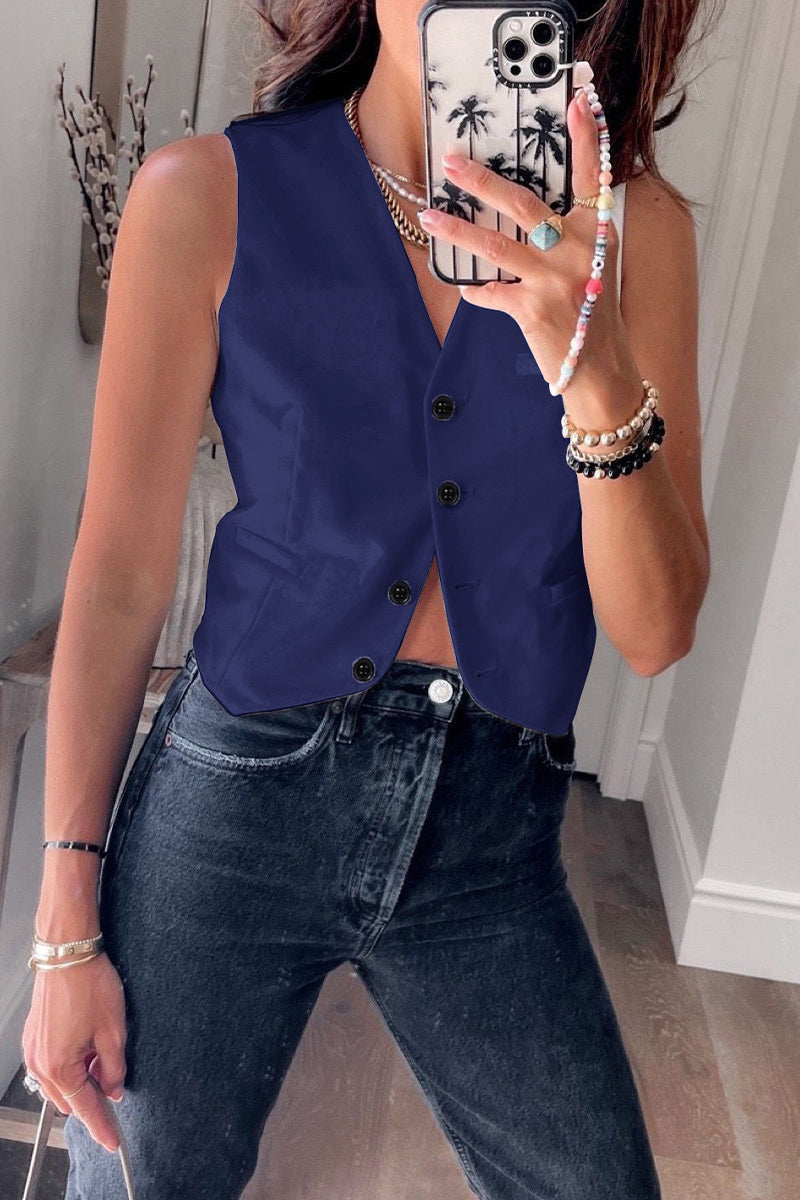 British Style Solid Buckle V Neck Tops Deep Blue