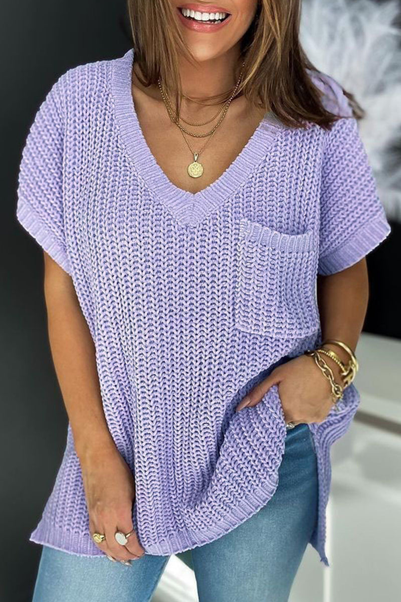 Casual Solid Hollowed Out Pocket V Neck Tops Purple