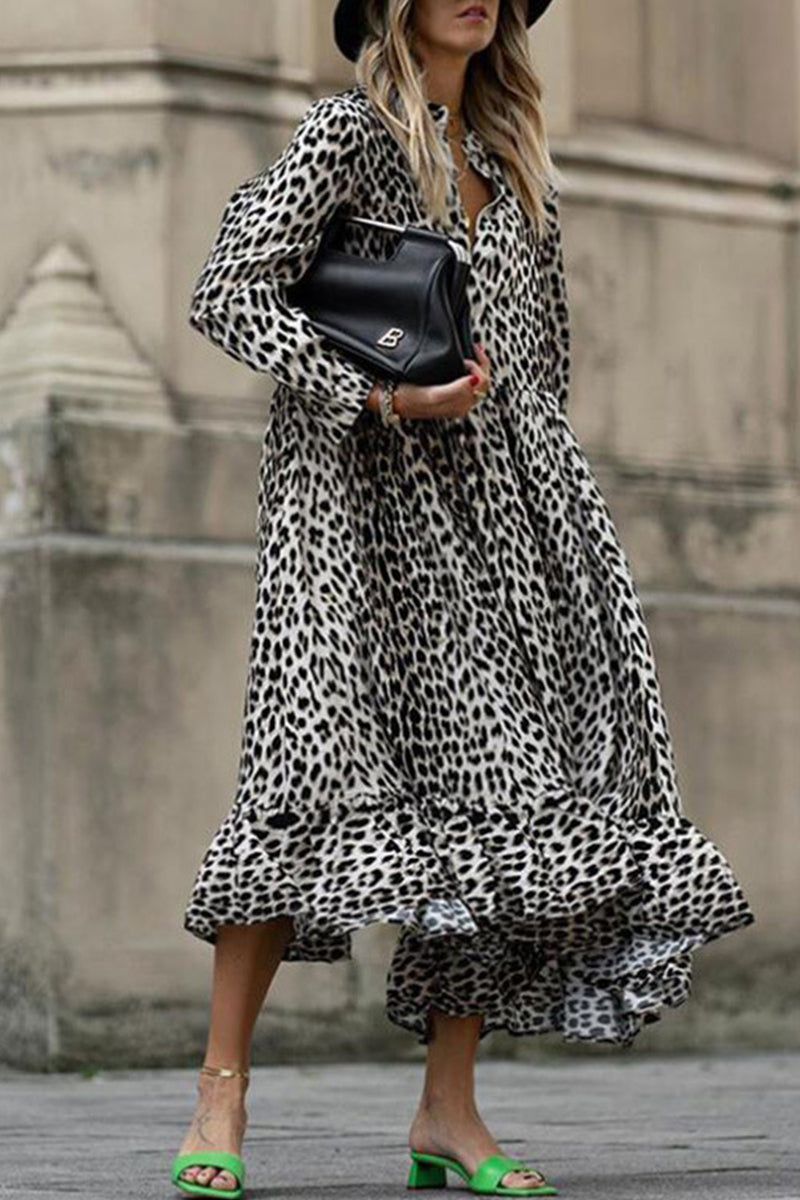 Casual Vintage Print Leopard Patchwork V Neck Printed Dress Dresses Black White