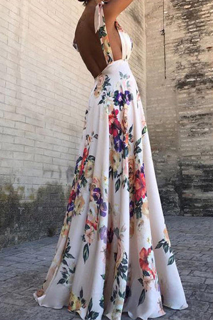 Elegant Floral Backless V Neck Printed Dress Dresses White Blue