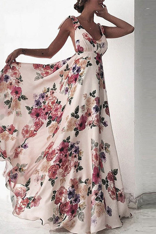 Elegant Floral Backless V Neck Printed Dress Dresses White