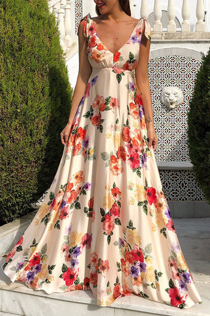 Elegant Floral Backless V Neck Printed Dress Dresses Apricot