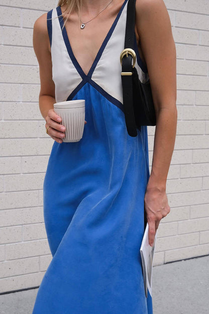 Sexy Color Block Contrast V Neck Sleeveless Dress Dresses Blue