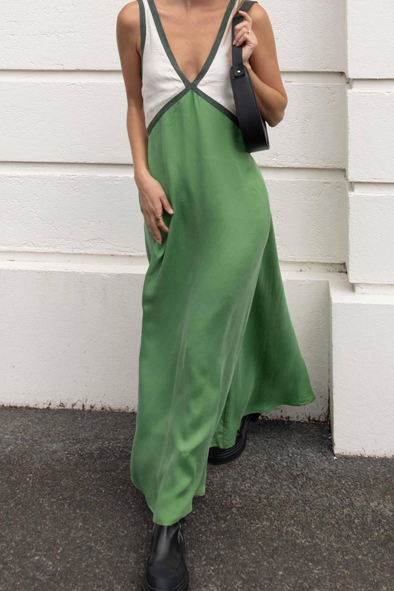 Sexy Color Block Contrast V Neck Sleeveless Dress Dresses Green